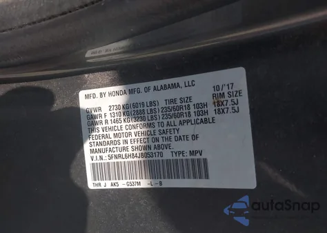 2018 Honda Odyssey Touring from USA, damaged, VIN 5FNRL6H84JB053170
